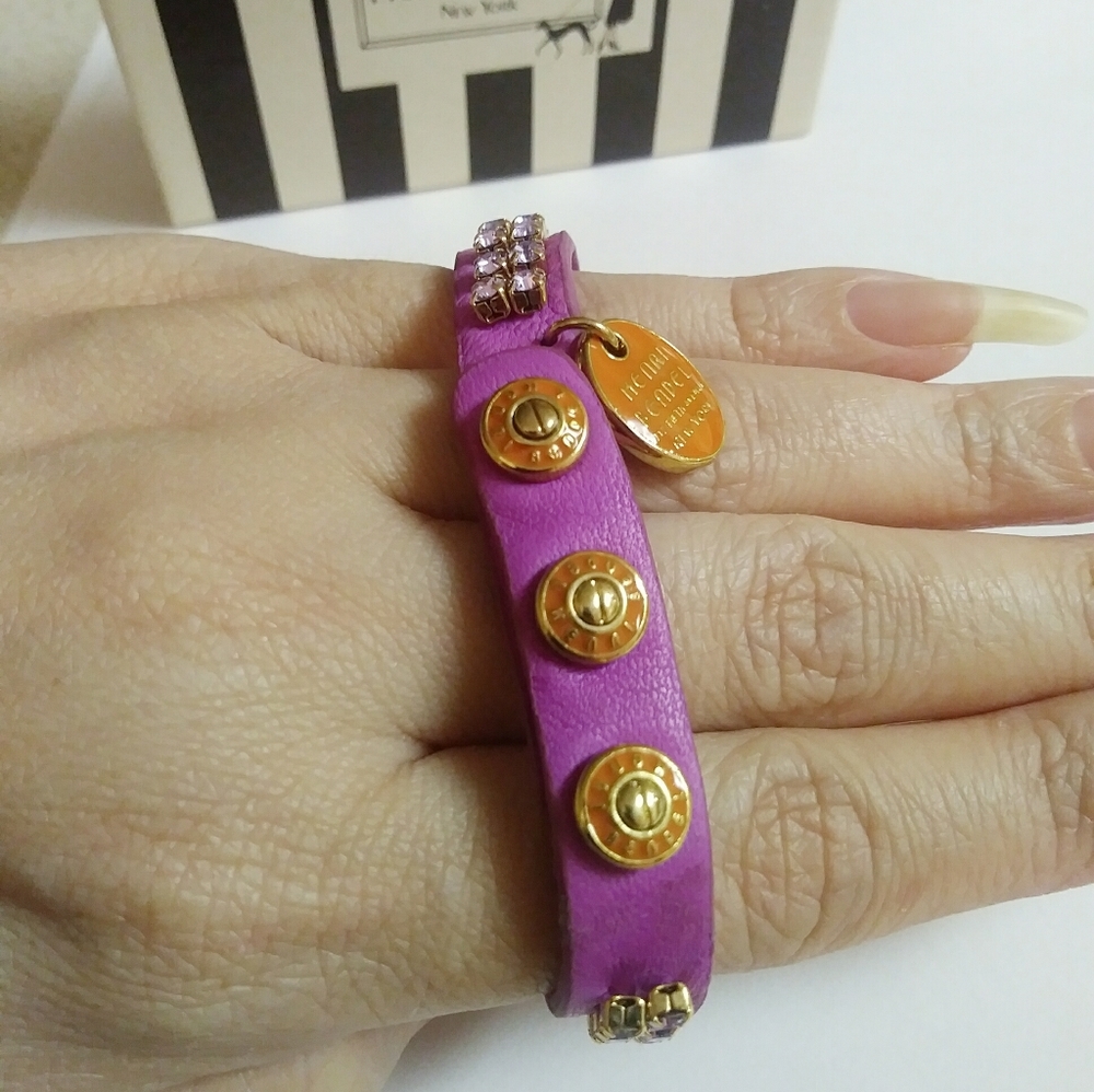 Henri Bendel 90s Y2k purple rhinestone logo button tag bracelet